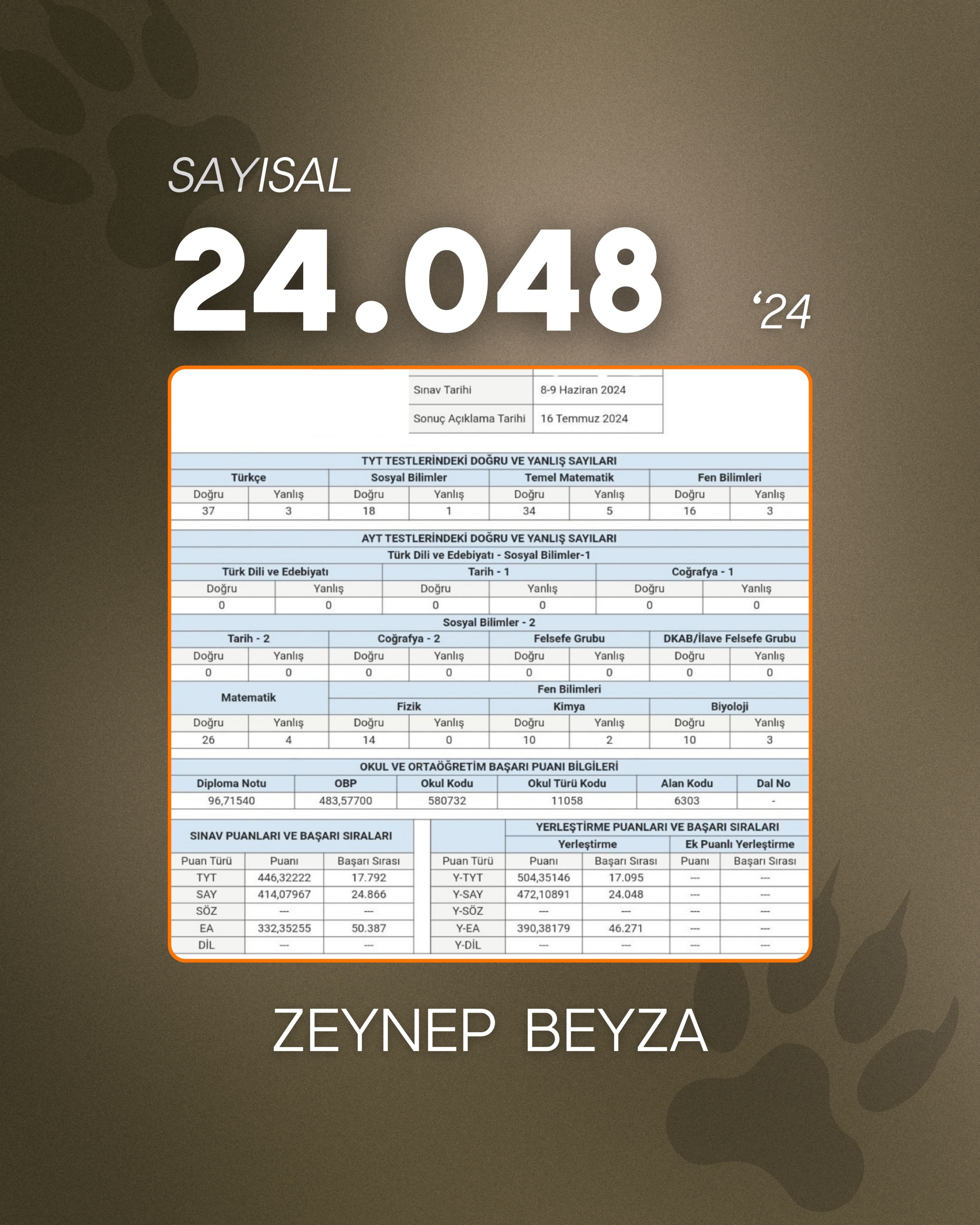 Lider Rehberin öğrencisi YKS sıralama ve sonuç belgesi