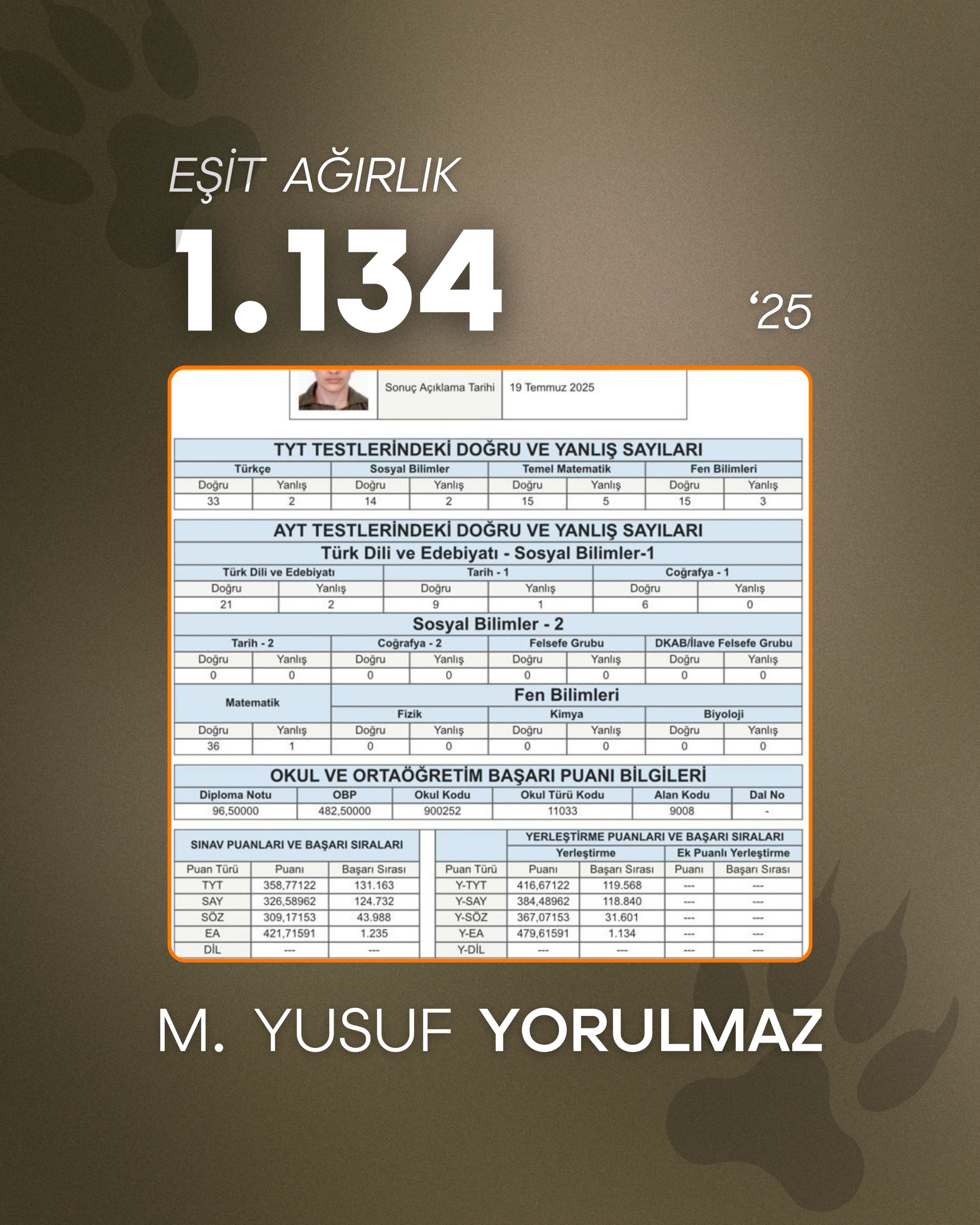 Lider Rehberin öğrencisi YKS sıralama ve sonuç belgesi