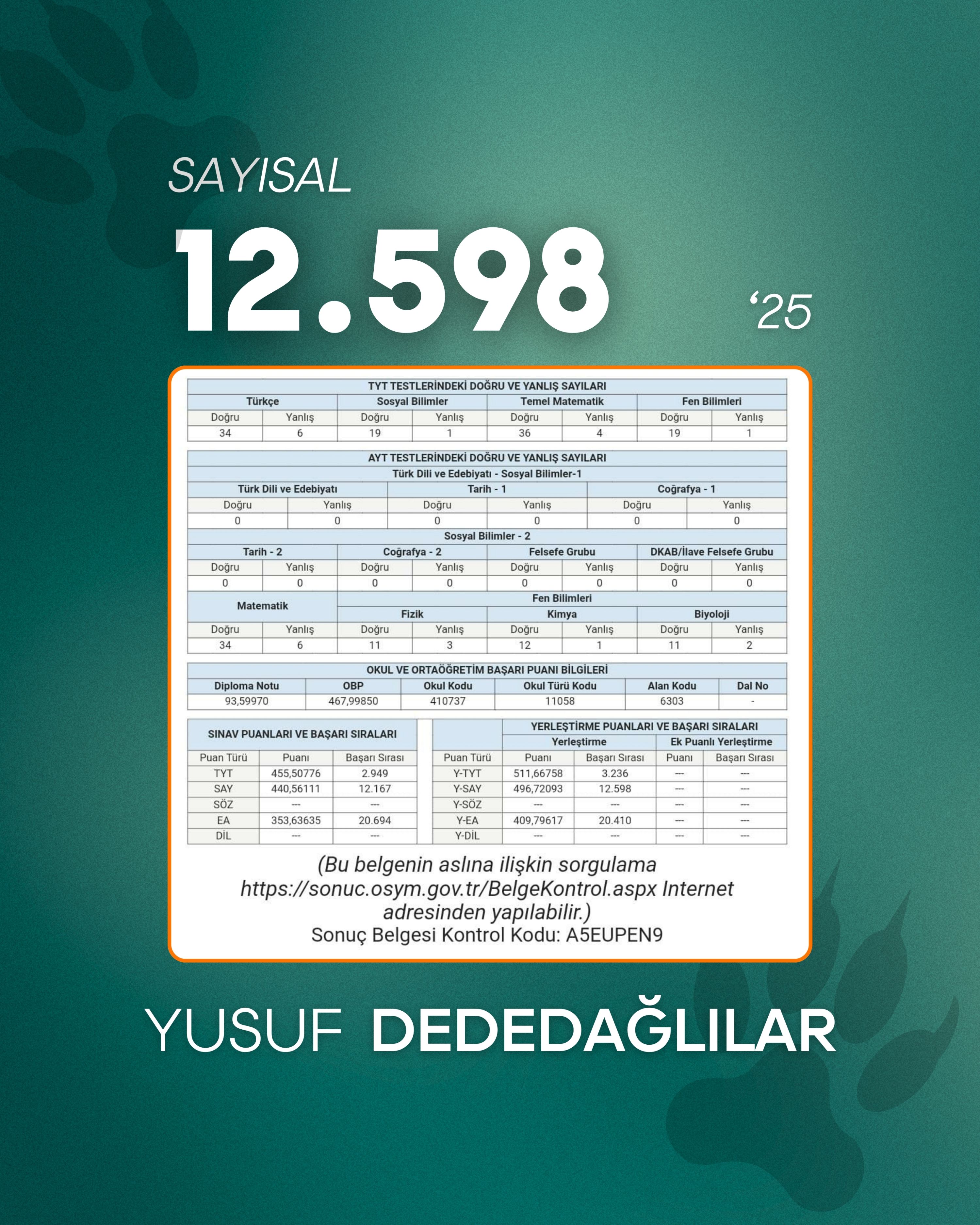 Lider Rehberin öğrencisi YKS sıralama ve sonuç belgesi