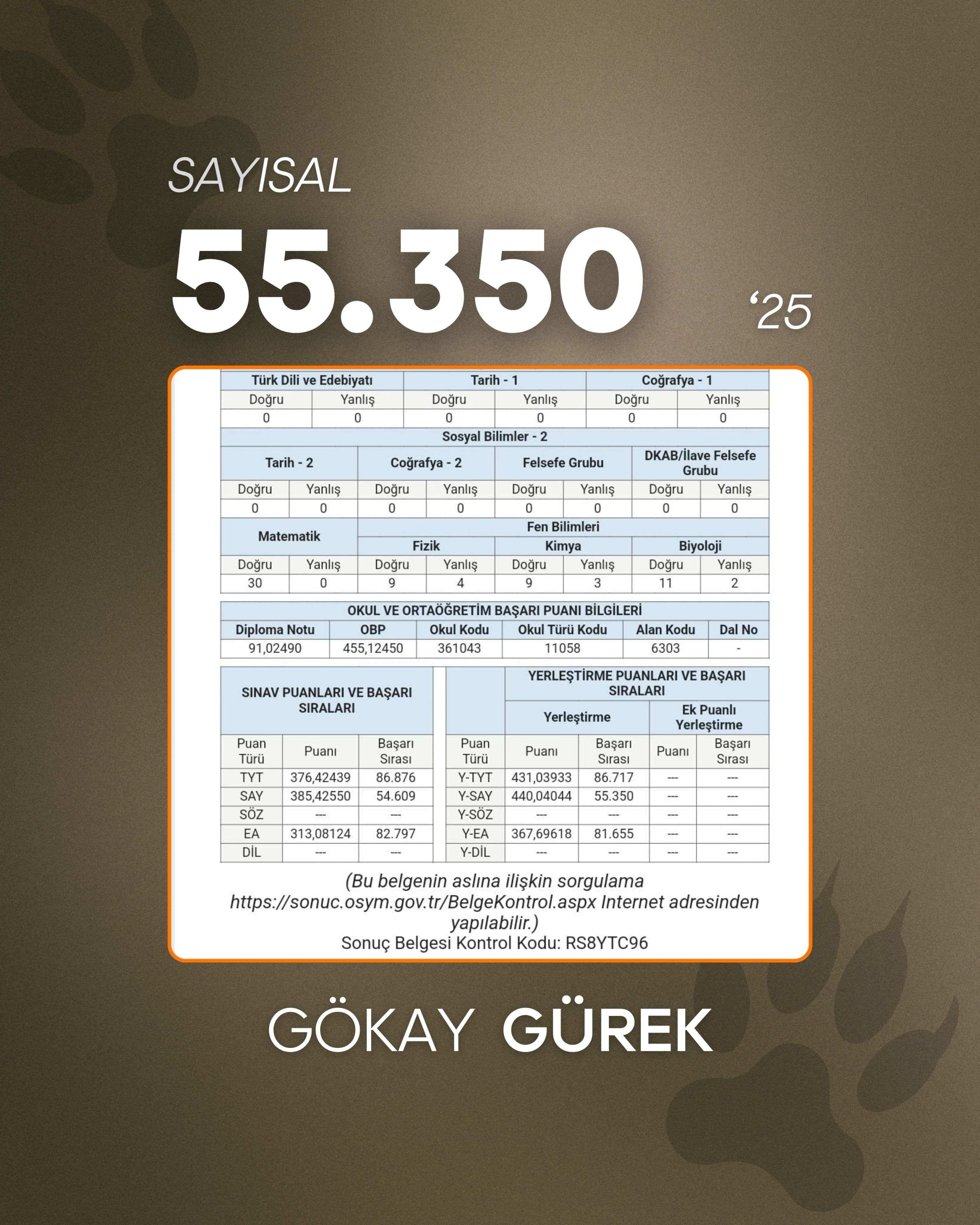 Lider Rehberin öğrencisi YKS sıralama ve sonuç belgesi