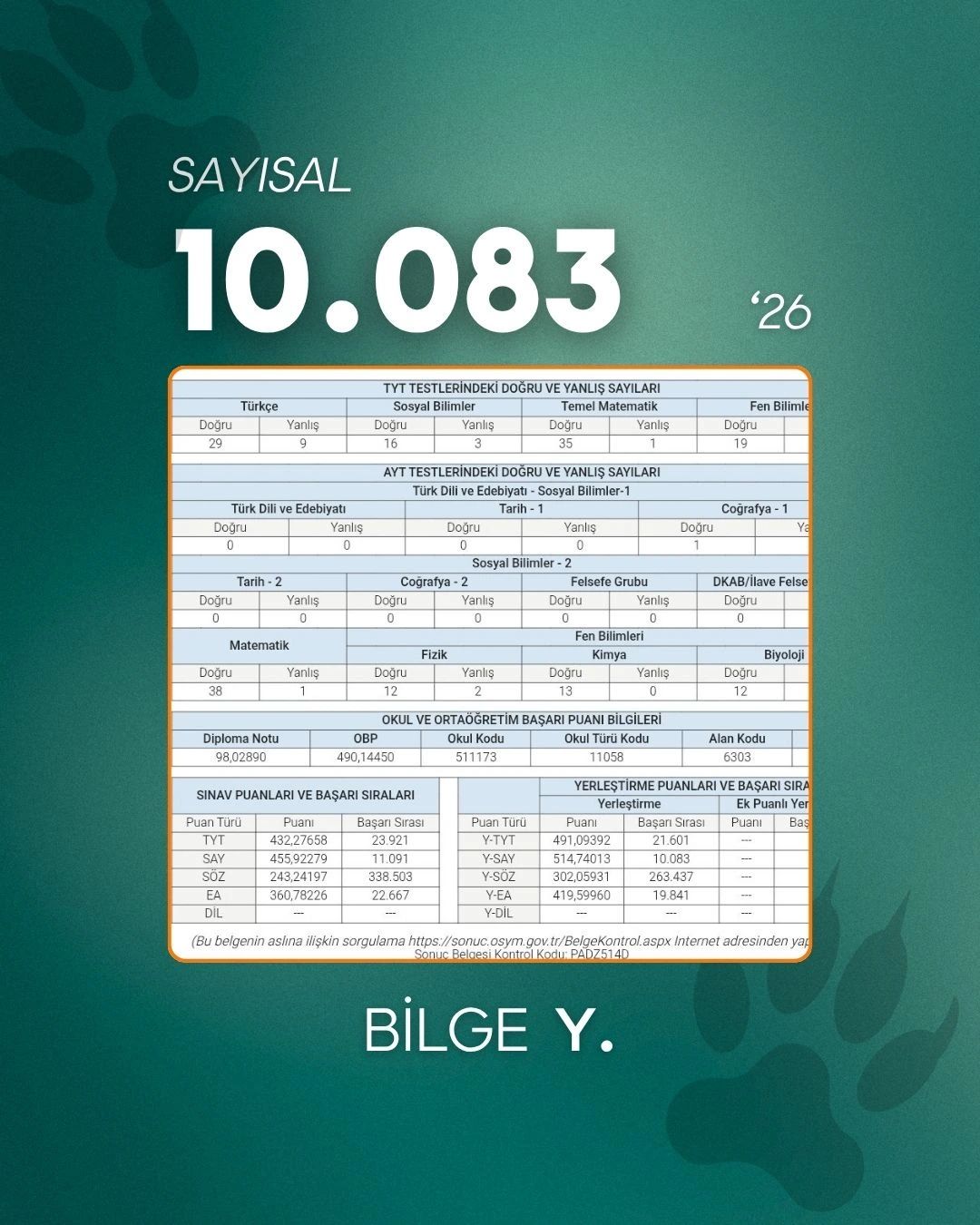 Lider Rehberin öğrencisi YKS sıralama ve sonuç belgesi