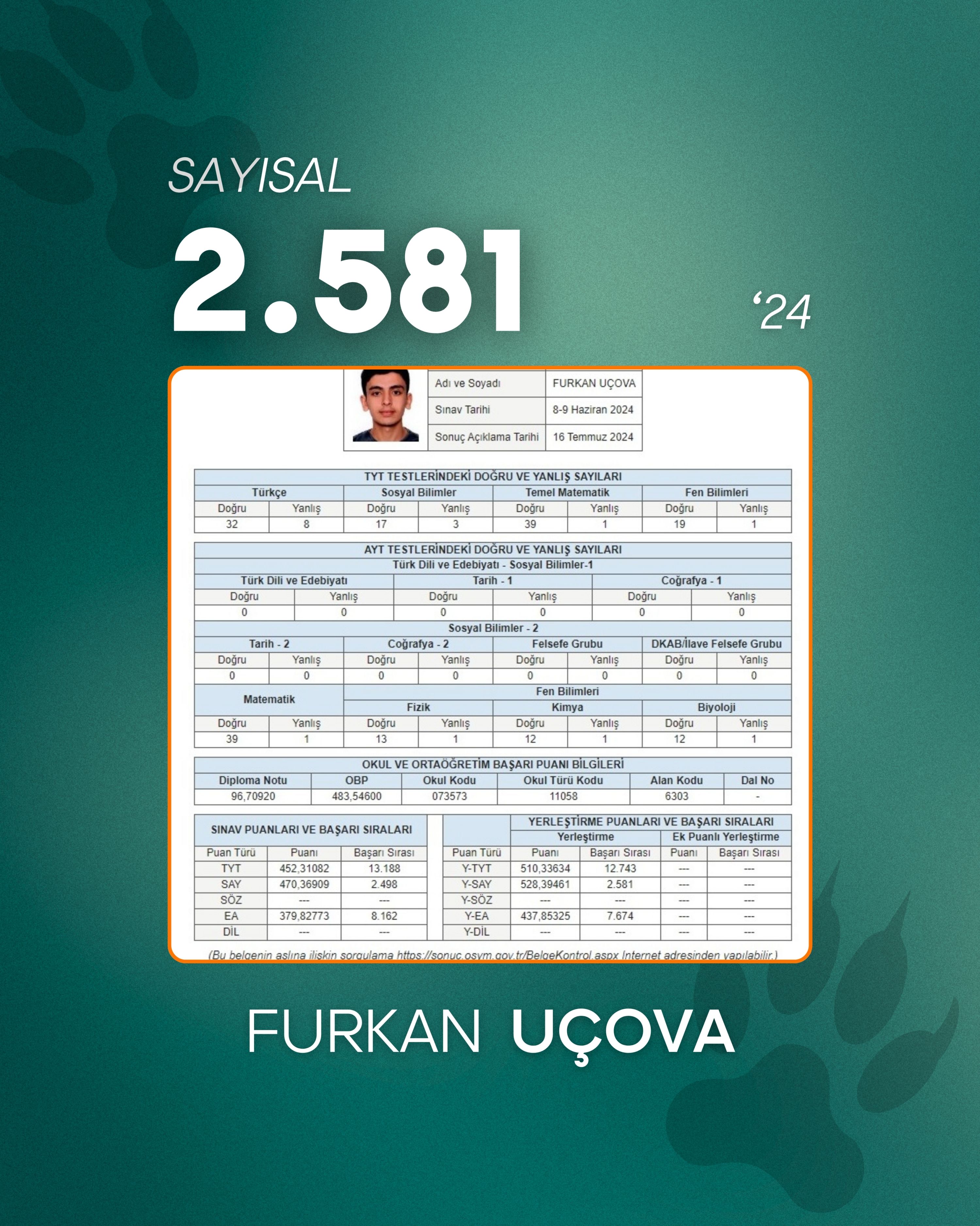 Lider Rehberin öğrencisi YKS sıralama ve sonuç belgesi