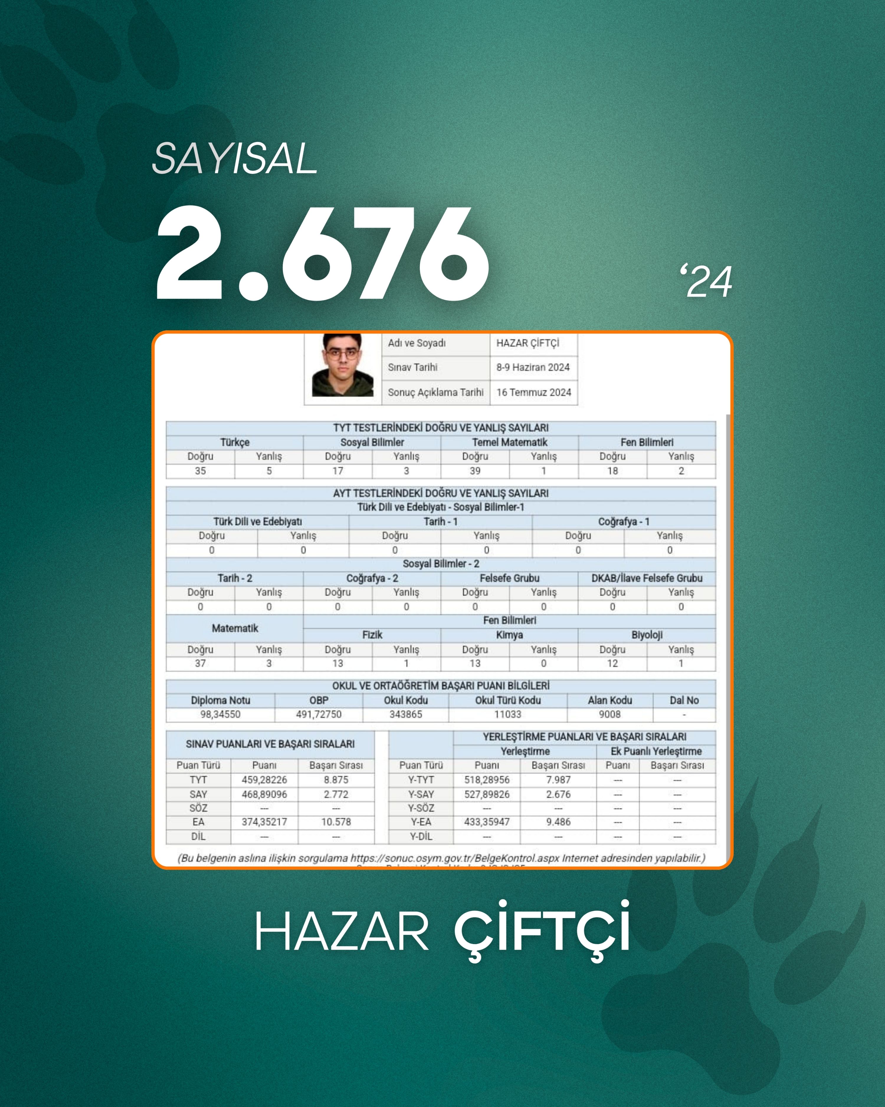 Lider Rehberin öğrencisi YKS sıralama ve sonuç belgesi