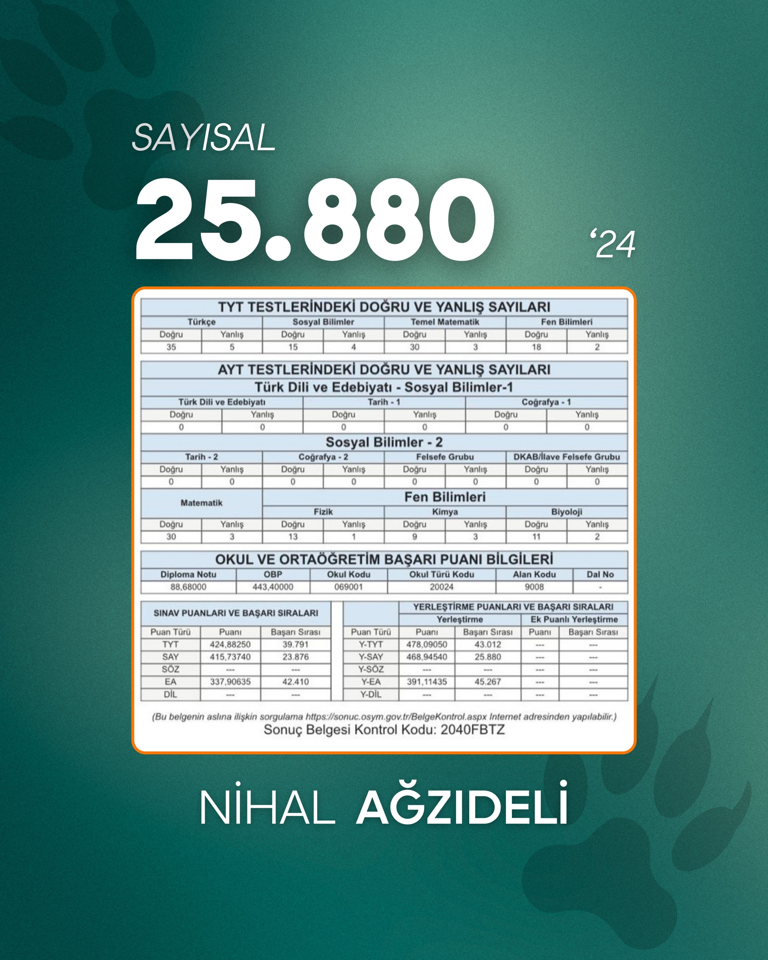 Lider Rehberin öğrencisi YKS sıralama ve sonuç belgesi